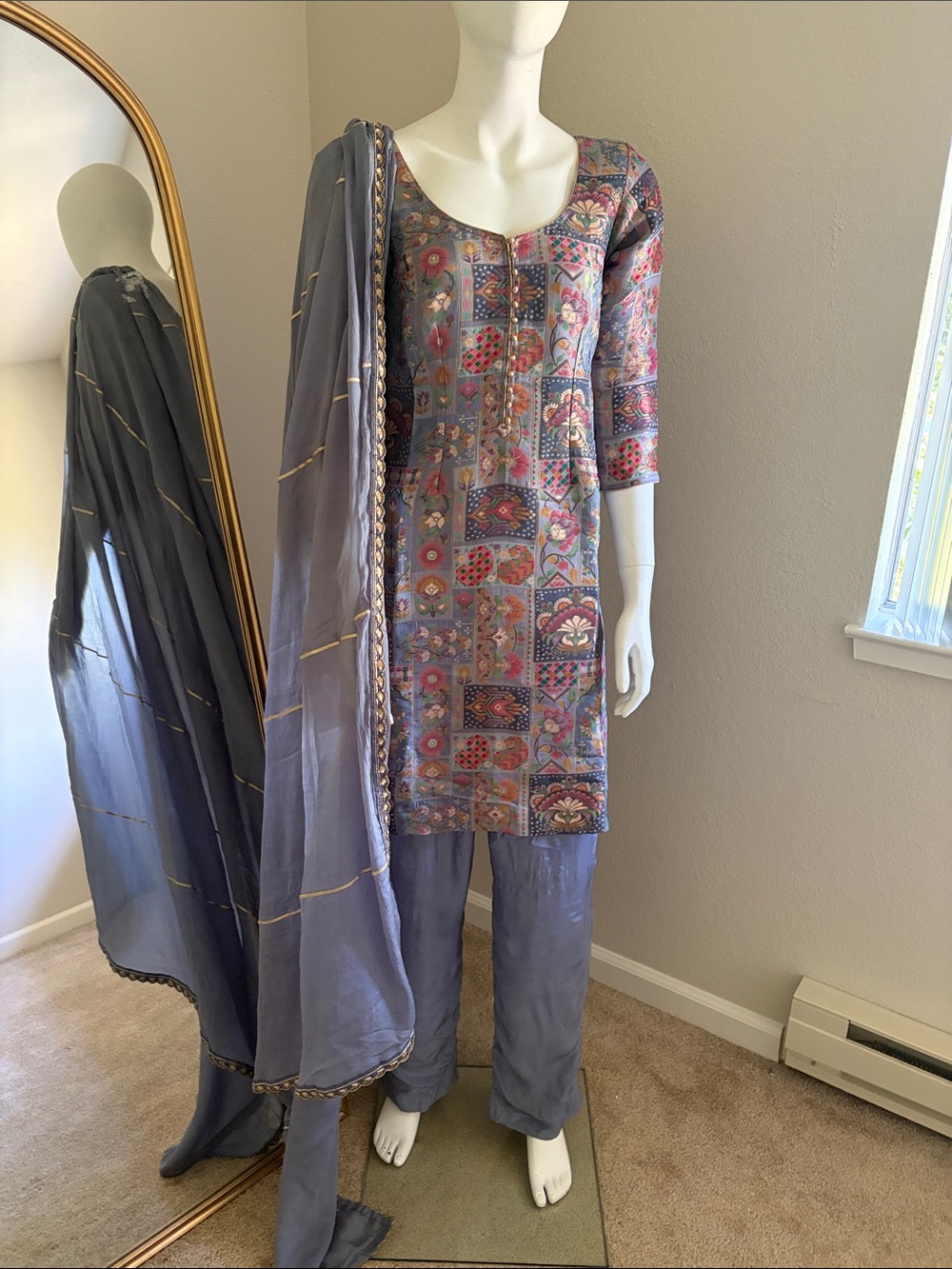 3 piece Indian suit  Straight Leg Pants Set in Dusty Blue - Ethnic Printed Kurta